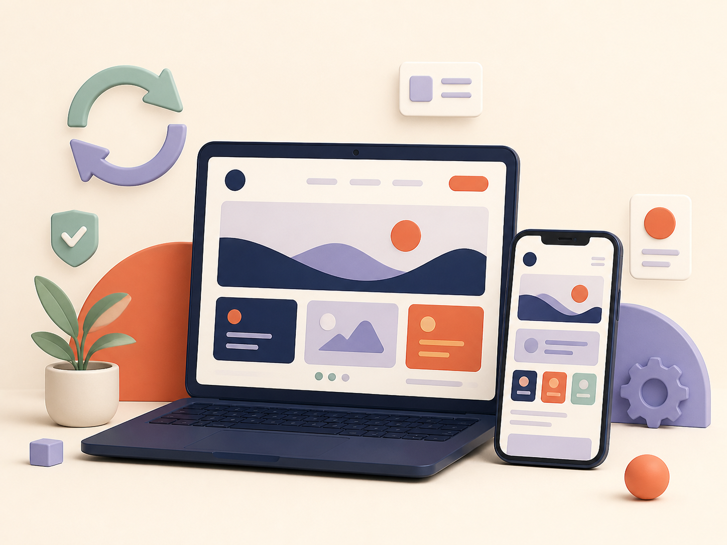 Laptop y celular con una interfaz web adaptable y elementos de mantenimiento